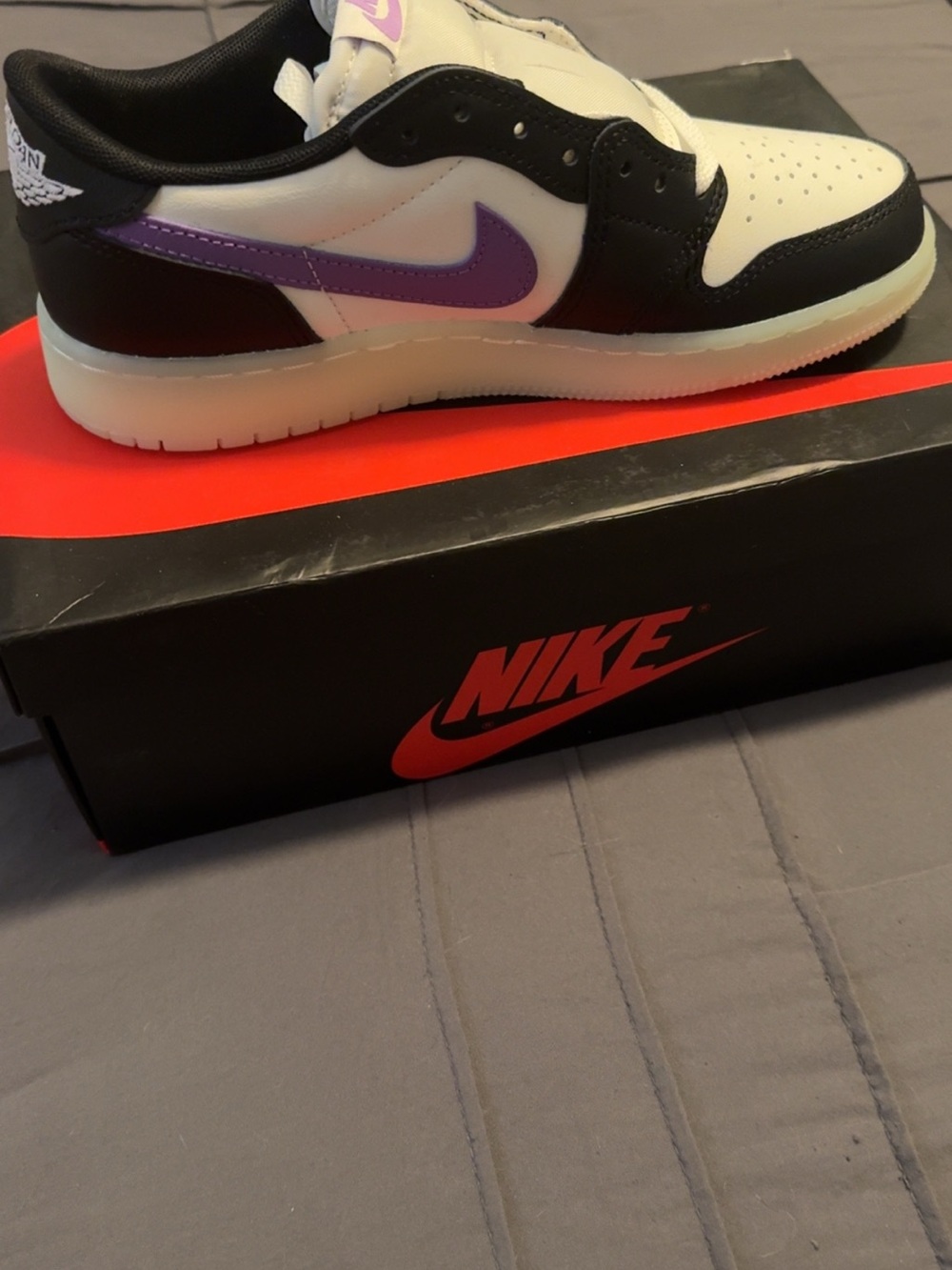Air Jordan’s 1 Retro Nike Low-Top Sneakers - White, Black & Purple Swoosh